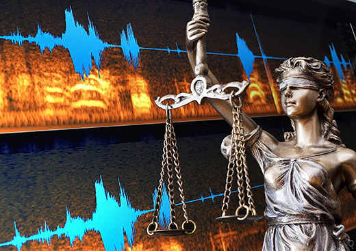 Lady of justice with audio forensics lab waveform
